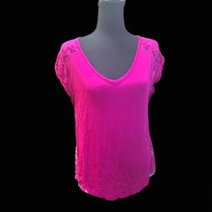 Pink Republic Shoulder Tie Short Sleeve Fuschia floral back Print Shirt XS